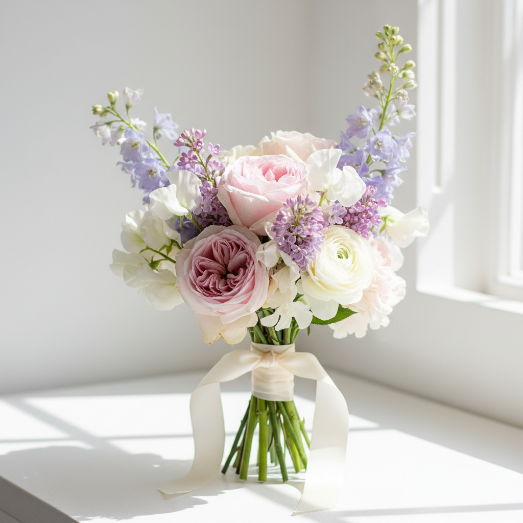 A charming petite bouquet of fresh seasonal blooms in soft complementary colors