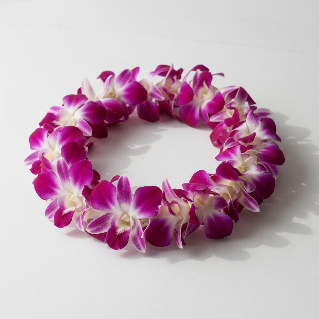 Luxurious hand-strung orchid lei with purple and white blooms