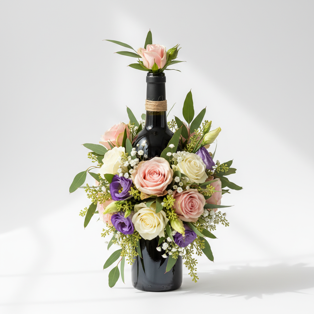 Wine bottle decorated with fresh flowers and greenery as a floral gift