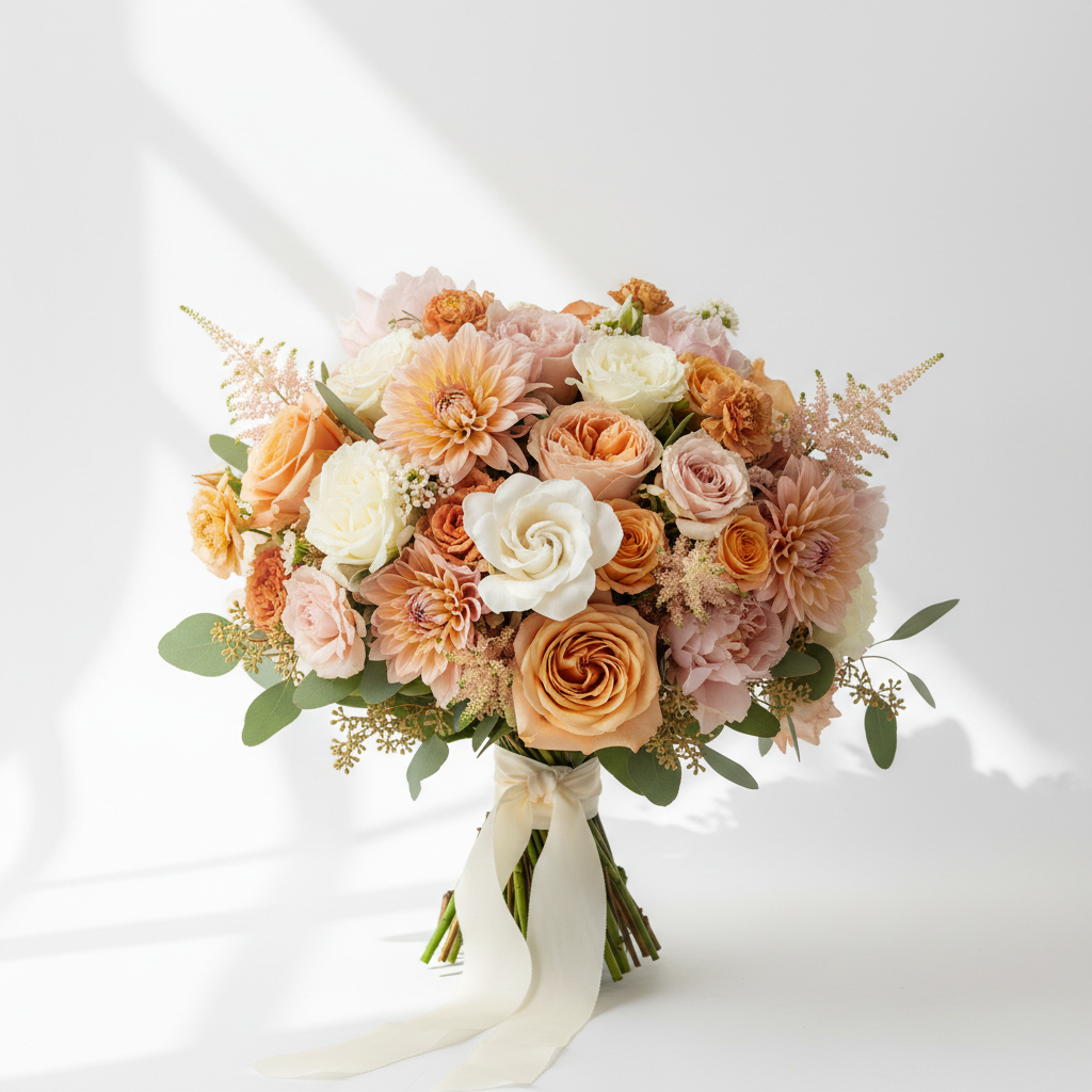 A lush mid-sized fresh flower bouquet with warm pinks, peaches, and creams