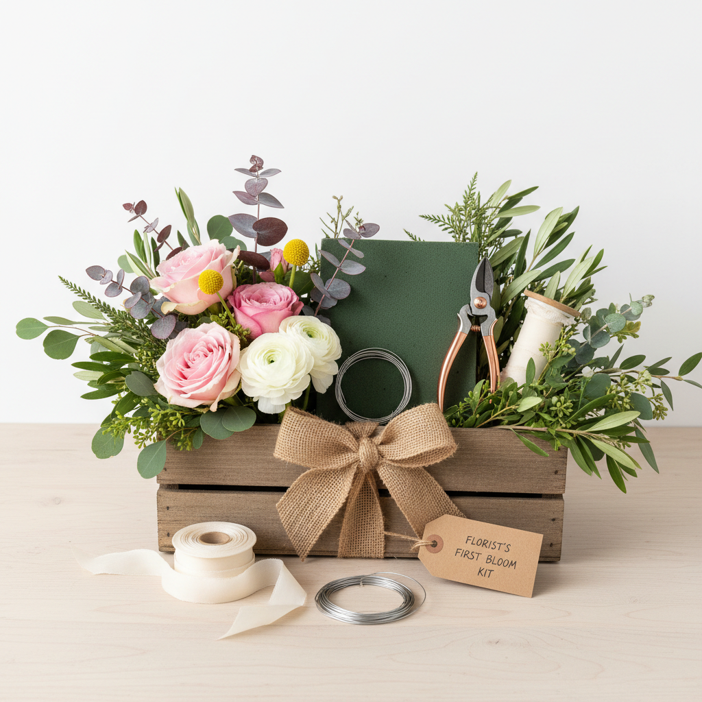 Hobby florist starter set with fresh flowers, tools, ribbon, and accessories