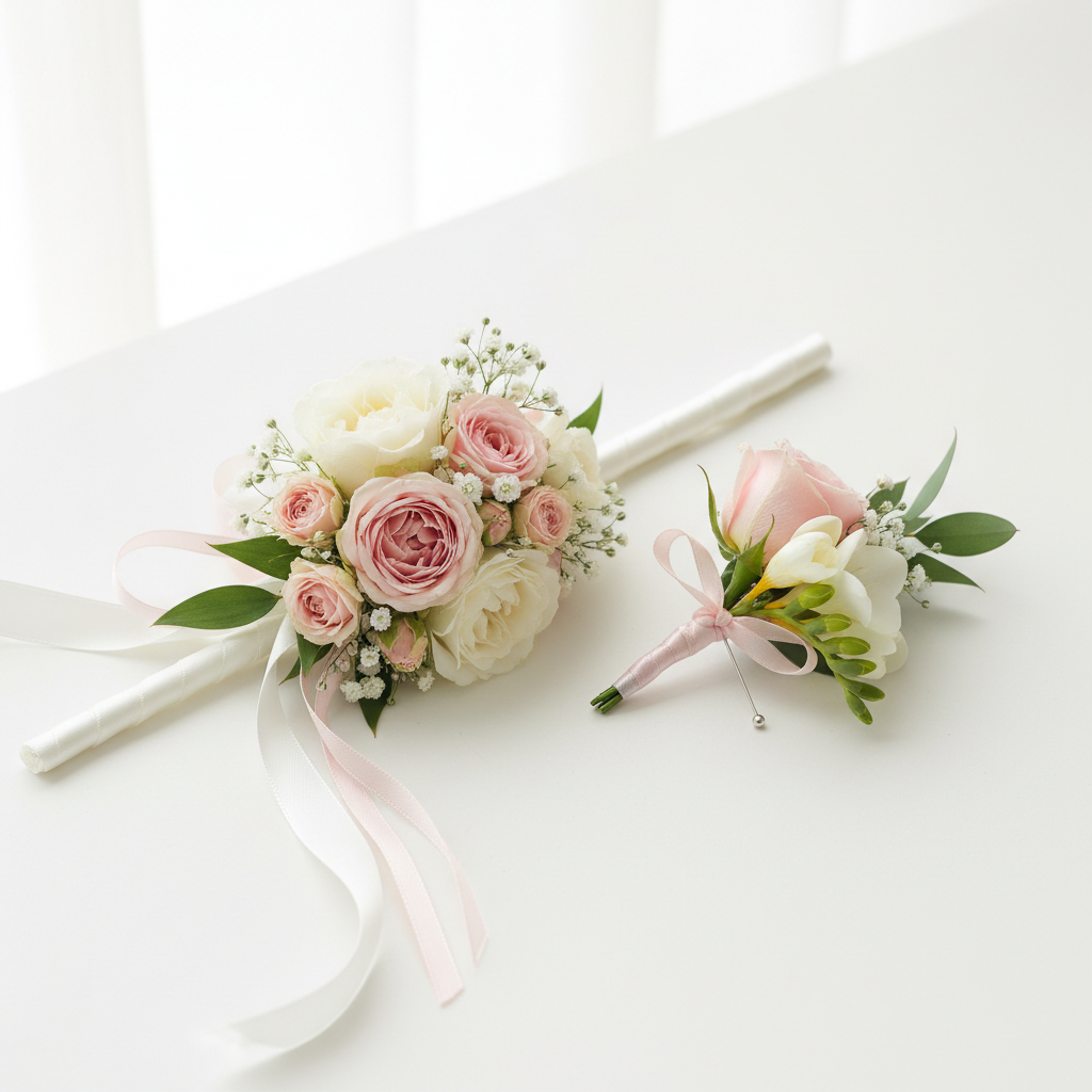 Matching fresh flower corsage and boutonniere set in pink and white