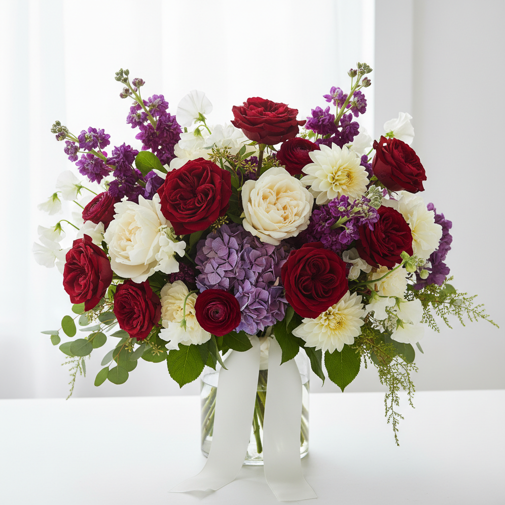 A large abundant fresh flower bouquet with deep roses, purples, and whites