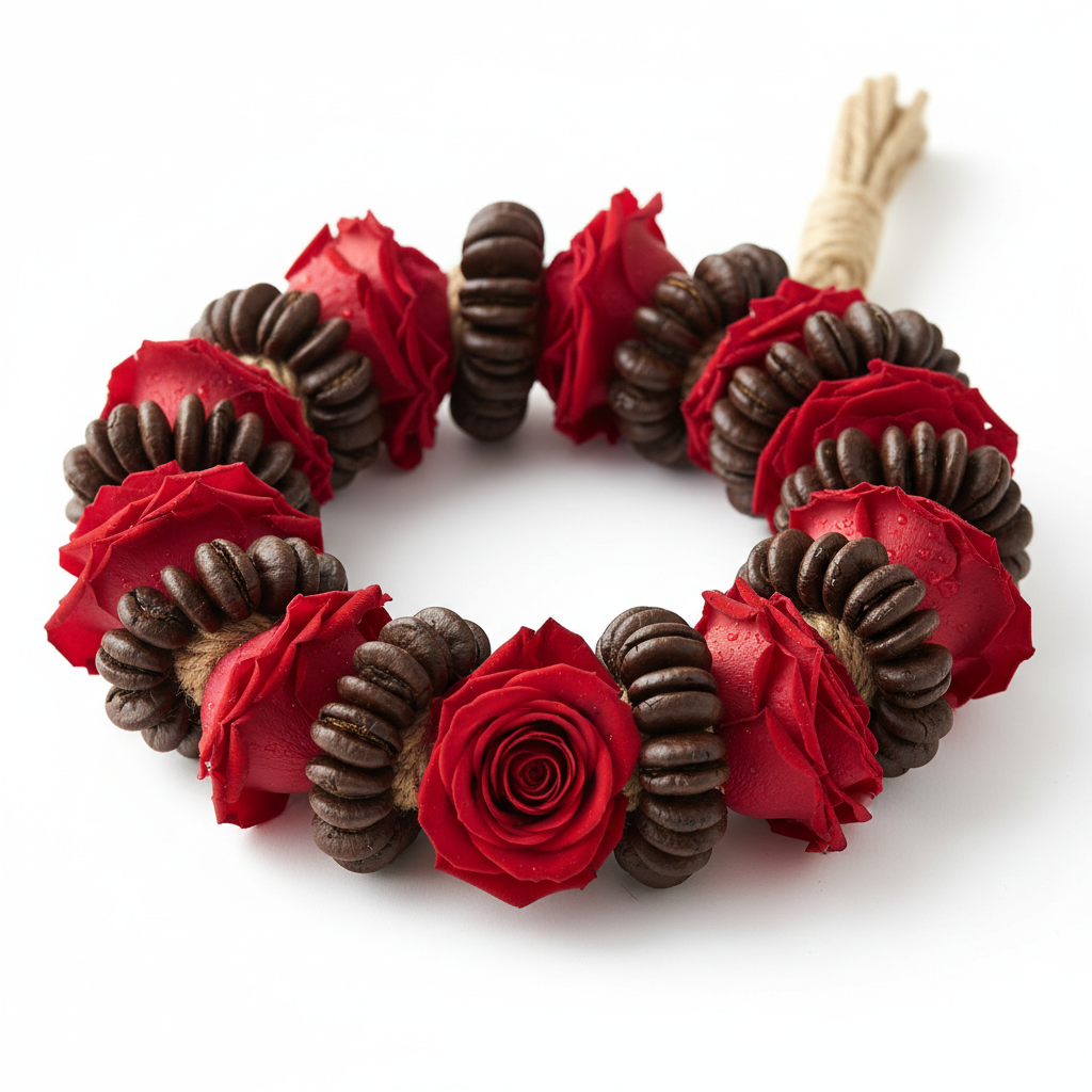 Hand-strung lei made of fresh roses and aromatic coffee beans