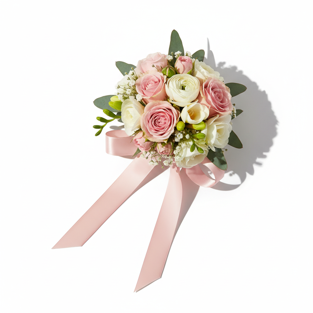 Elegant fresh flower wrist corsage with pink and white blooms