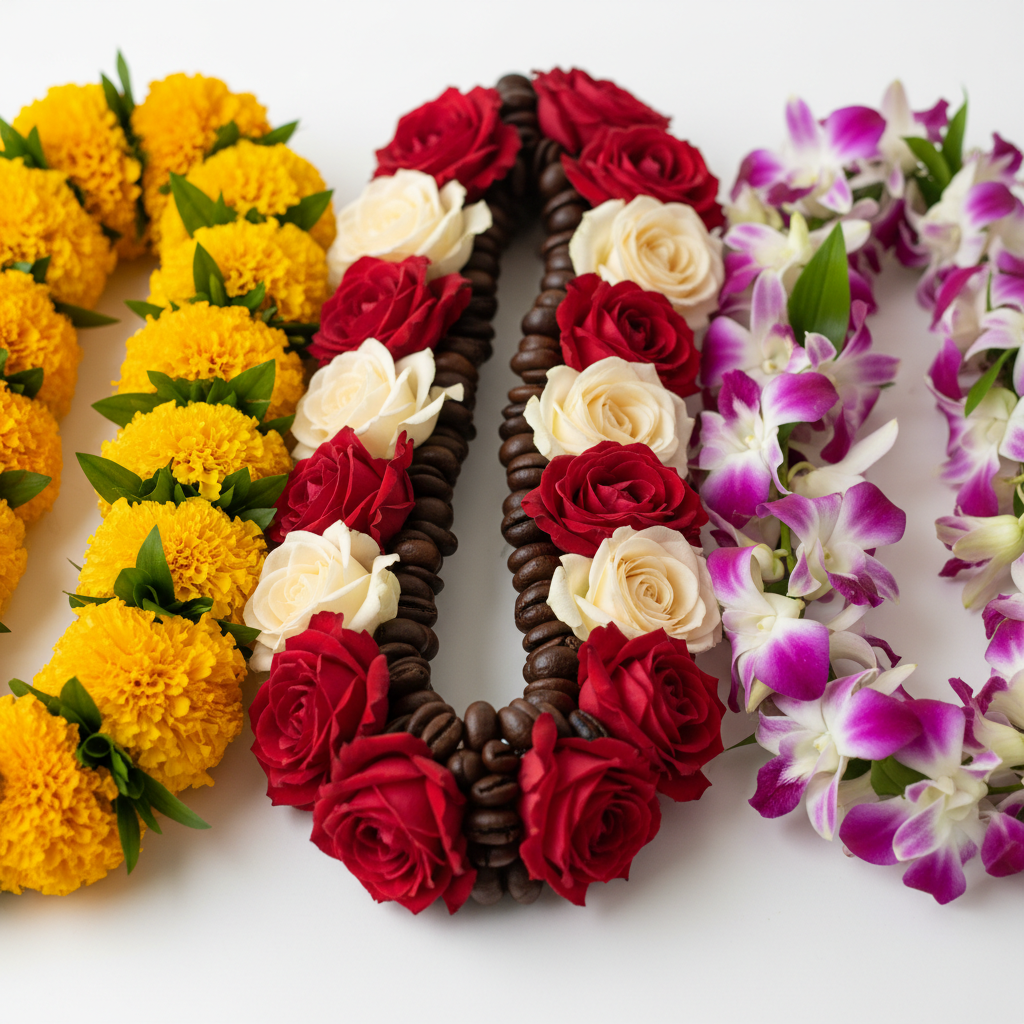 Three commemorative leis: marigold, rose and coffee bean, and orchid