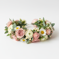 Beautiful fresh flower crown with mixed blooms in pinks, whites, and greens