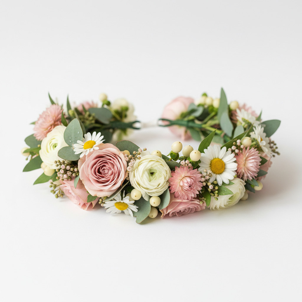 Beautiful fresh flower crown with mixed blooms in pinks, whites, and greens