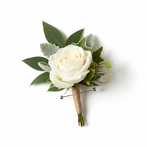 Classic fresh flower boutonniere with rose and greenery